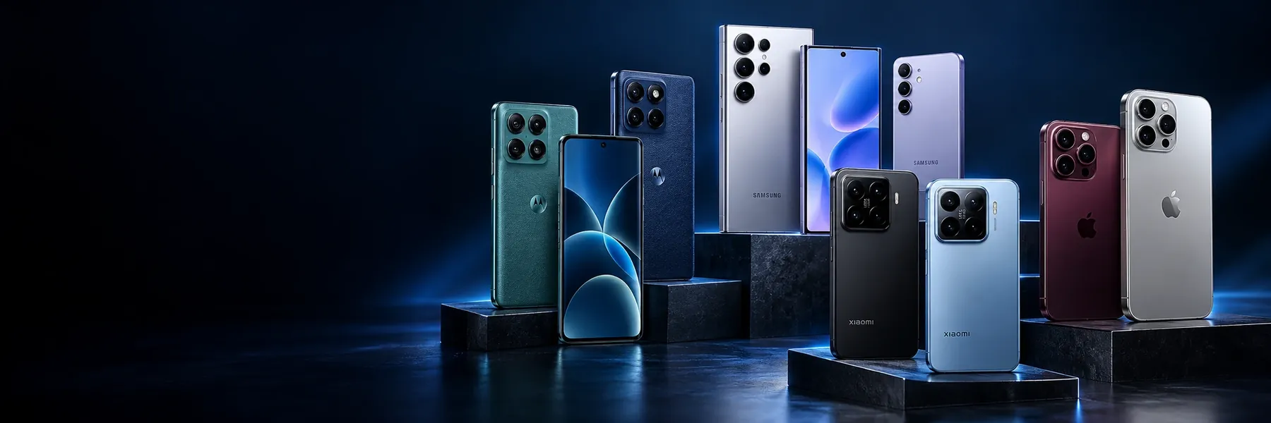 Smartphones Motorola, Samsung, Xiaomi e iPhone expostos em pedestais