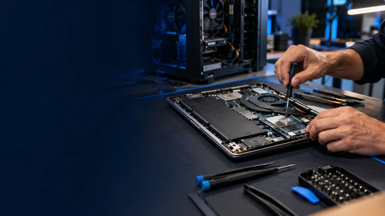Técnico fazendo manutenção em um notebook aberto na bancada, com um computador desktop ao fundo